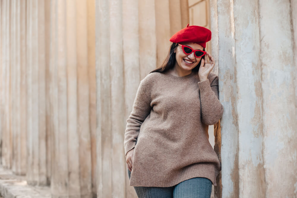Woman wearing chunky sweater