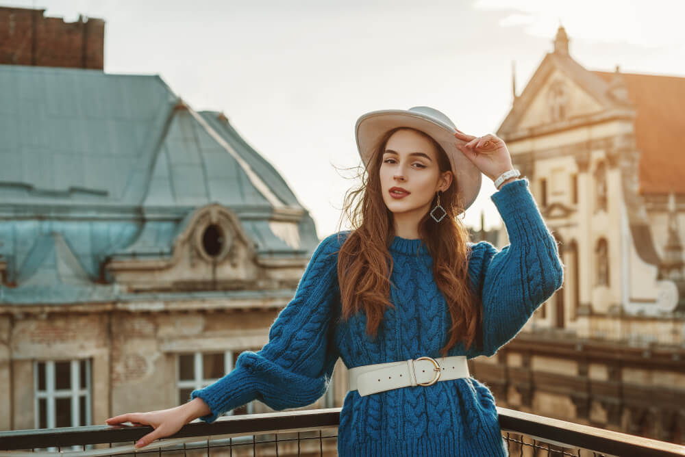 Woman wearing chunky sweater