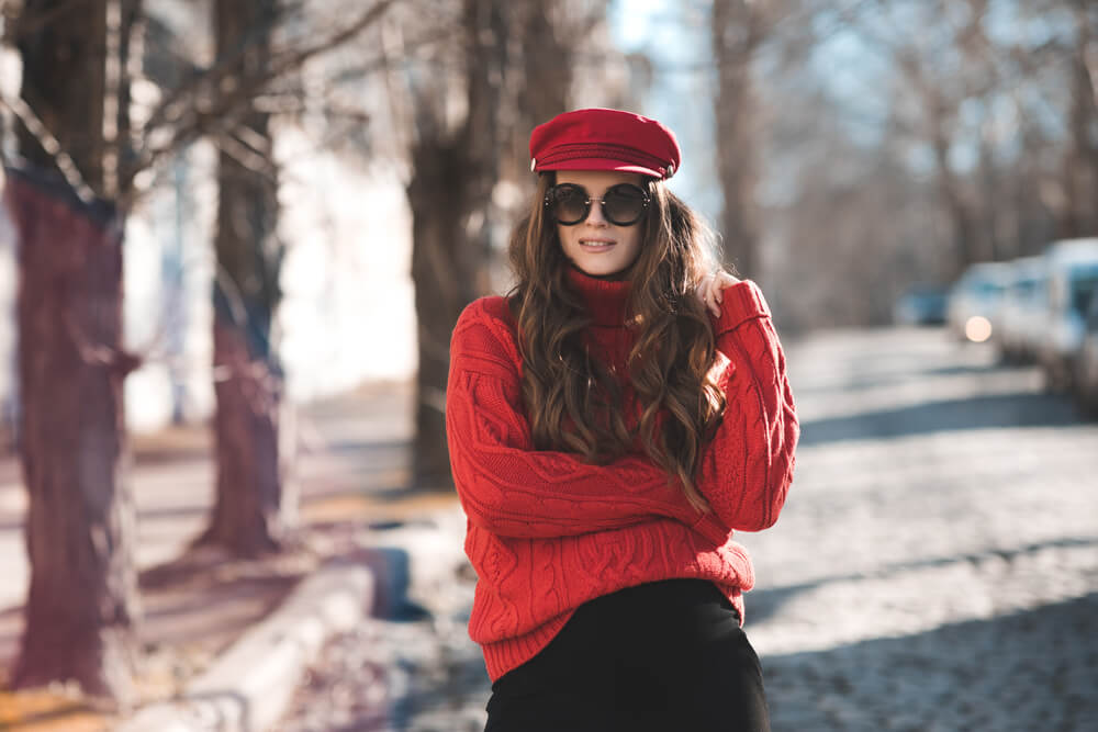 Woman wearing chunky sweater