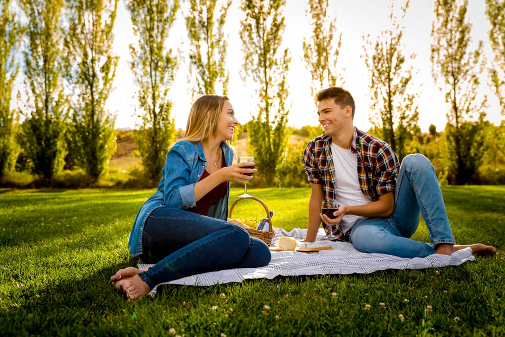 Couple enjoying picnic in the park, summer day